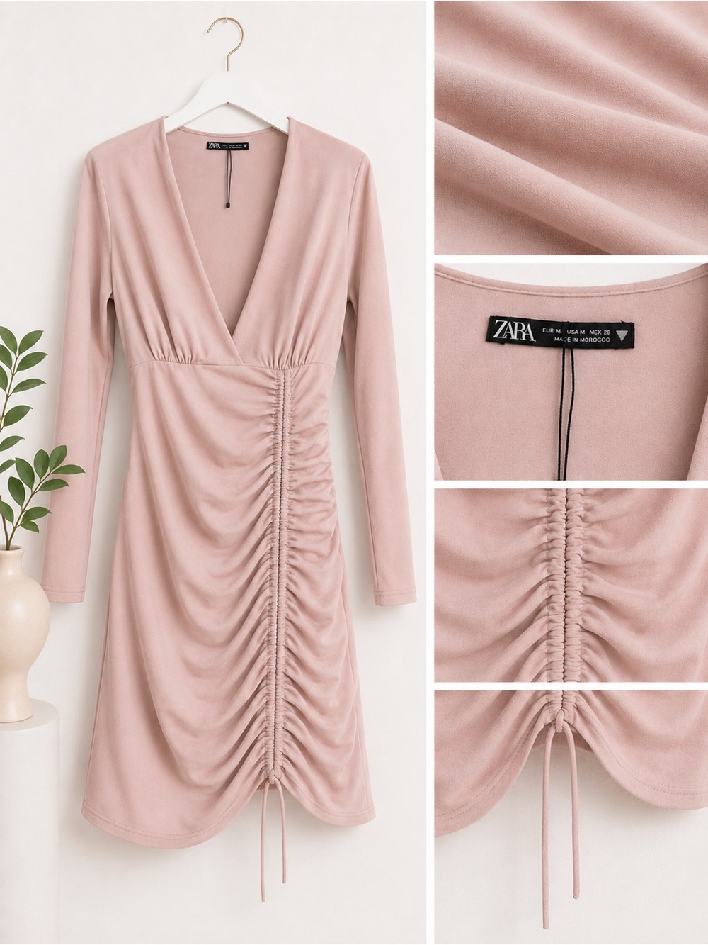 Zara Dusty Pink Ruched V-Neck Long-Sleeve Dress